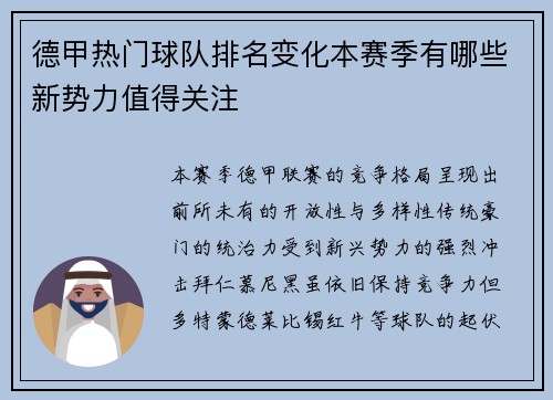 德甲热门球队排名变化本赛季有哪些新势力值得关注