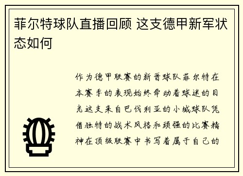 菲尔特球队直播回顾 这支德甲新军状态如何